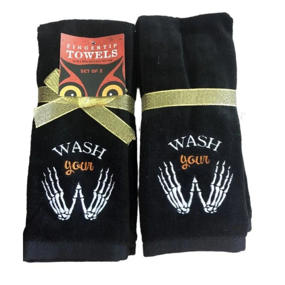Halloween Fingertip Towels Embroidered Black Wash Your Skeleton Hands Set of 2